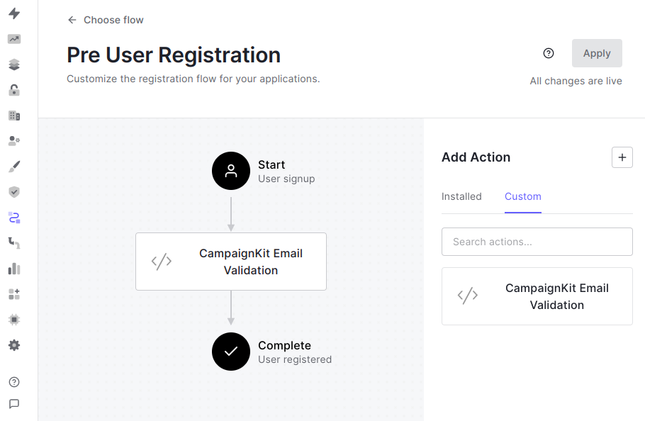 Pre User Registration flow editor with Email Validation action